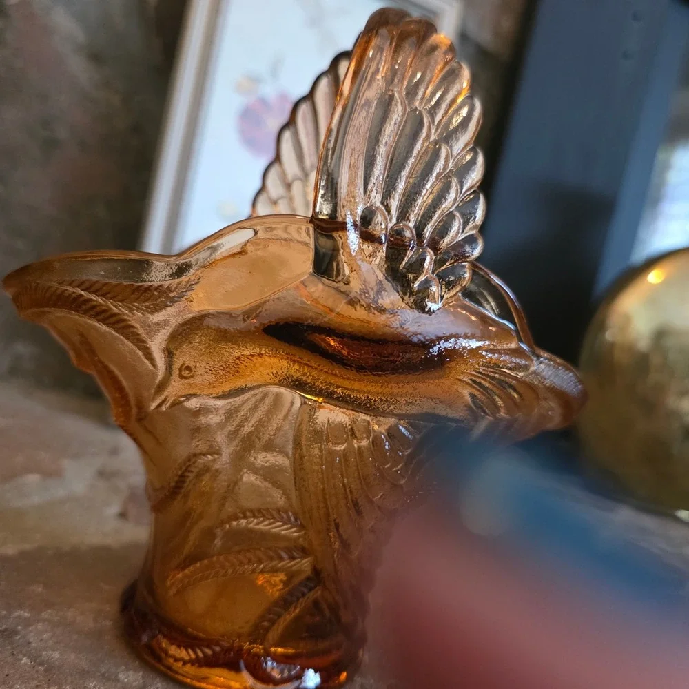 Vintage Tiara Indiana Glass Peach Empress Bird of Paradise Basket Candy Dish 7in